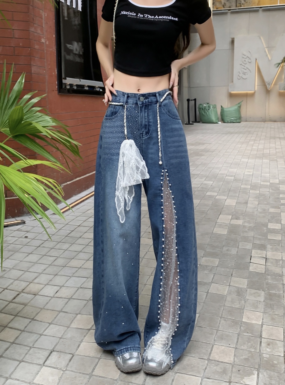 Splice rhinestone jeans lace washed wide leg pants
