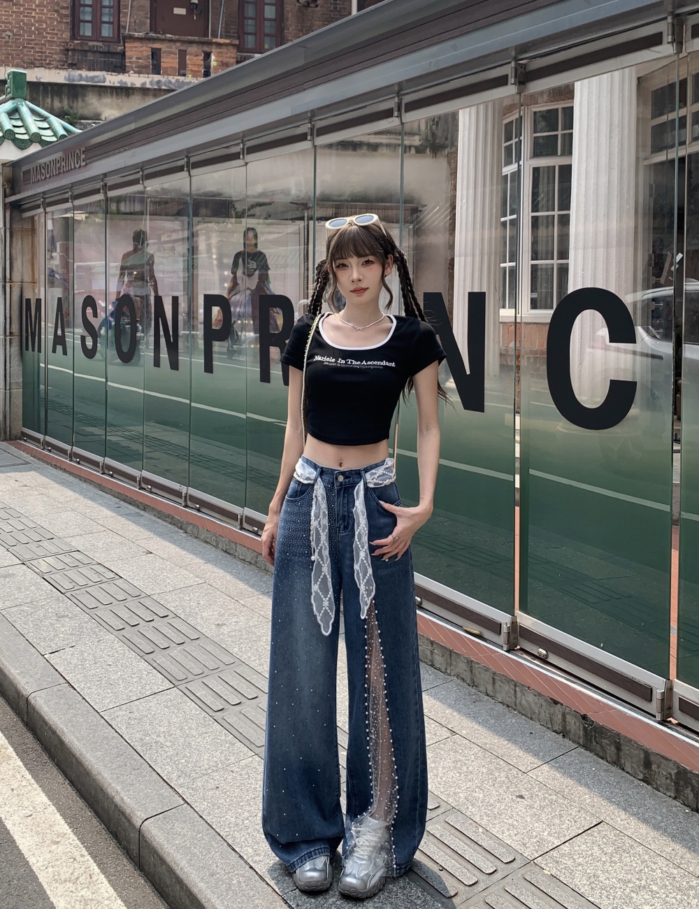 Splice rhinestone jeans lace washed wide leg pants