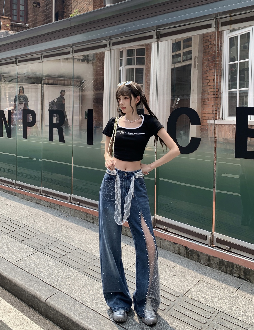 Splice rhinestone jeans lace washed wide leg pants