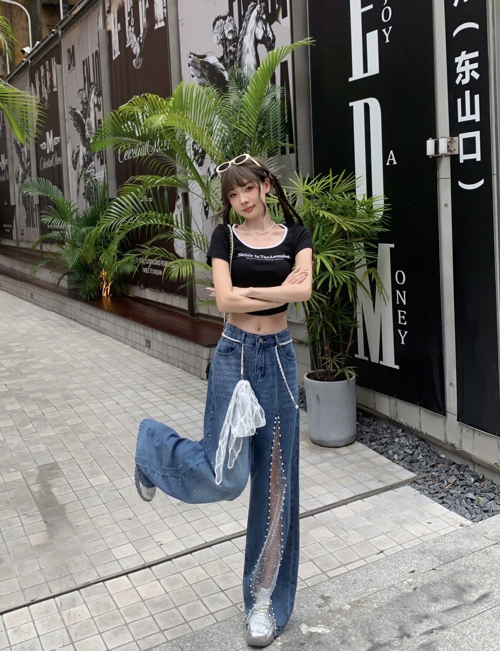 Splice rhinestone jeans lace washed wide leg pants