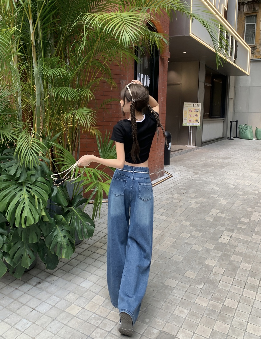 Splice rhinestone jeans lace washed wide leg pants