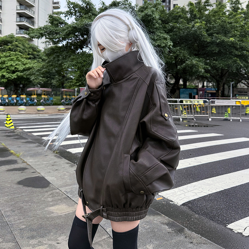 Brown American style leather coat retro coat for women