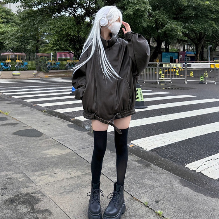 Brown American style leather coat retro coat for women