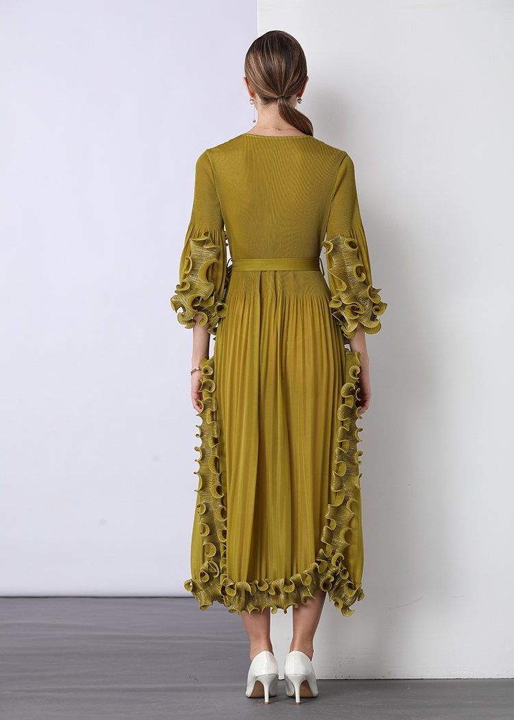 Pinched waist fold European style wood ear court style loose dress