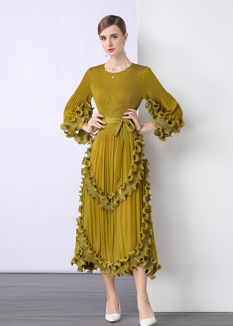 Pinched waist fold European style wood ear court style loose dress