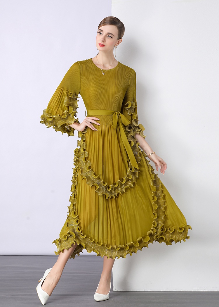 Pinched waist fold European style wood ear court style loose dress