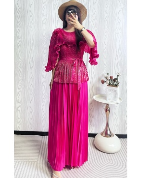Pleated disk flowers fold skirt 2pcs set for women