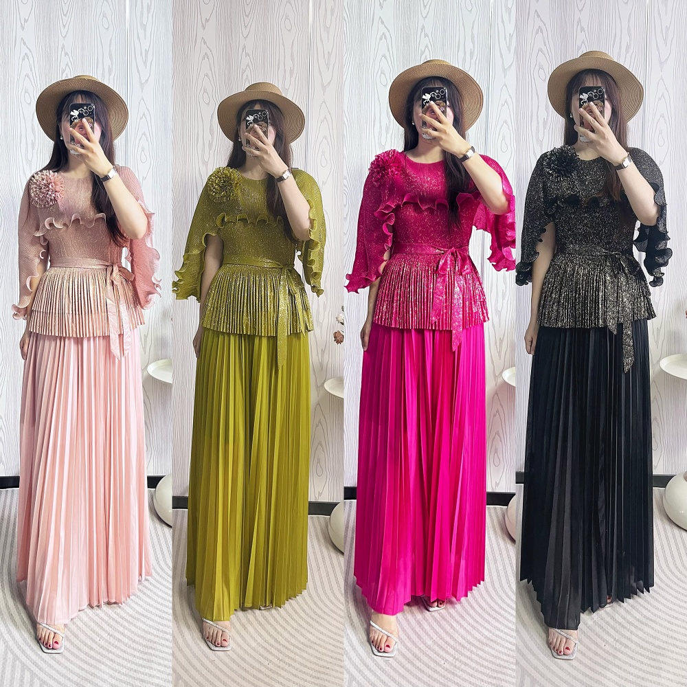 Pleated disk flowers fold skirt 2pcs set for women