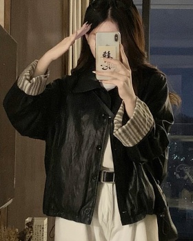 Stitching leather mixed colors cuff jacket black lapel coat