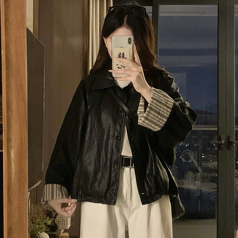 Stitching leather mixed colors cuff jacket black lapel coat