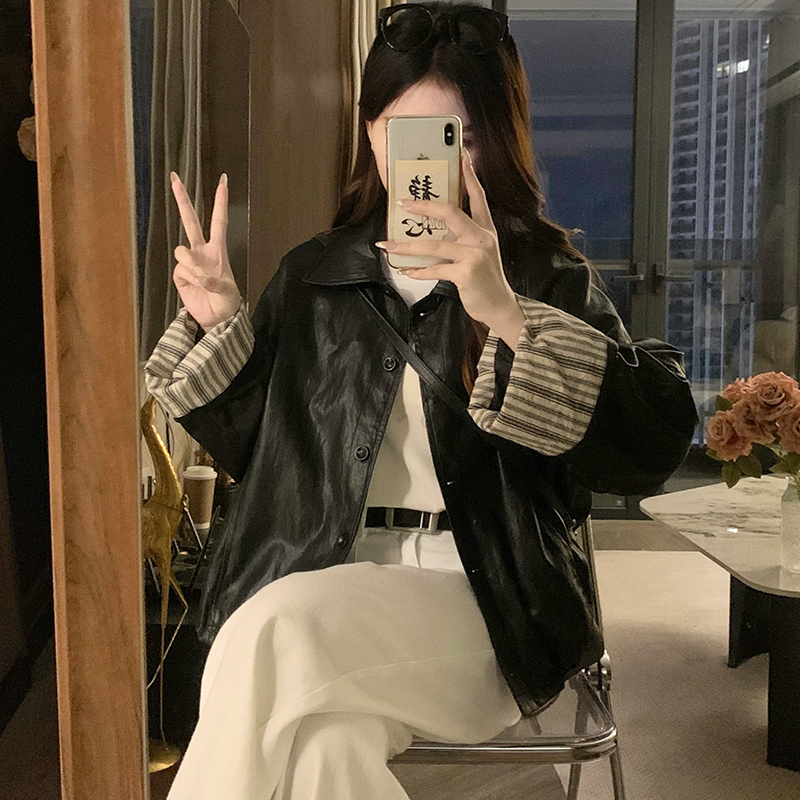 Stitching leather mixed colors cuff jacket black lapel coat