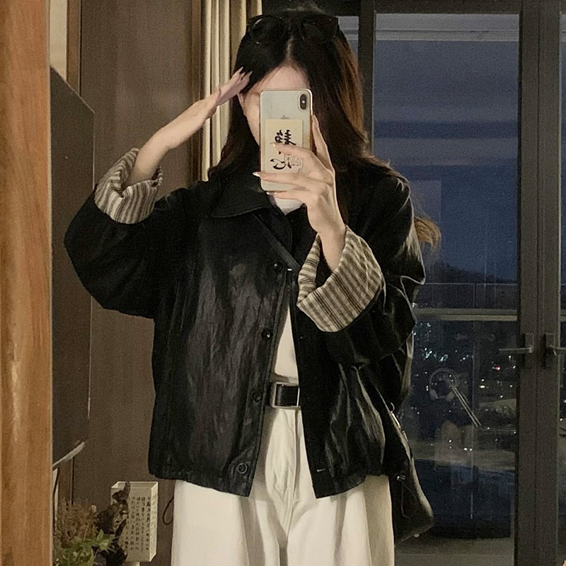 Stitching leather mixed colors cuff jacket black lapel coat