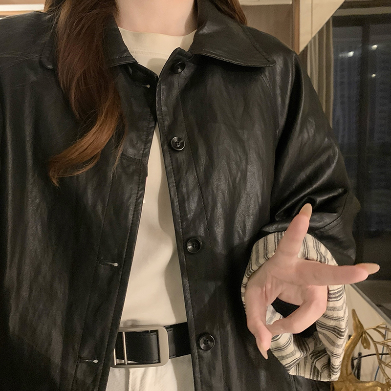 Stitching leather mixed colors cuff jacket black lapel coat