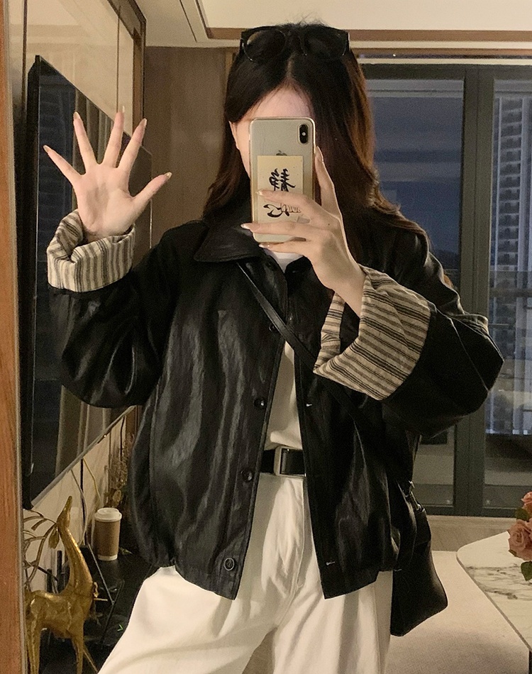 Stitching leather mixed colors cuff jacket black lapel coat