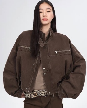 Loose slim cstand collar jacket denim locomotive tops