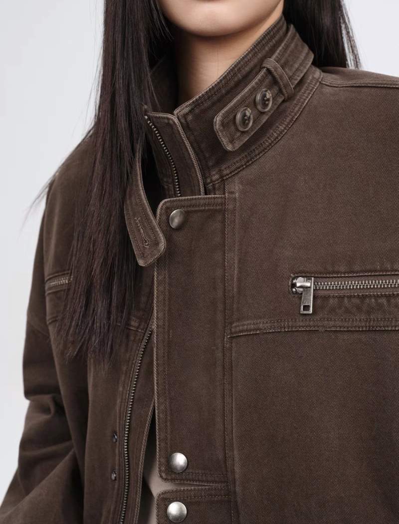 Loose slim cstand collar jacket denim locomotive tops