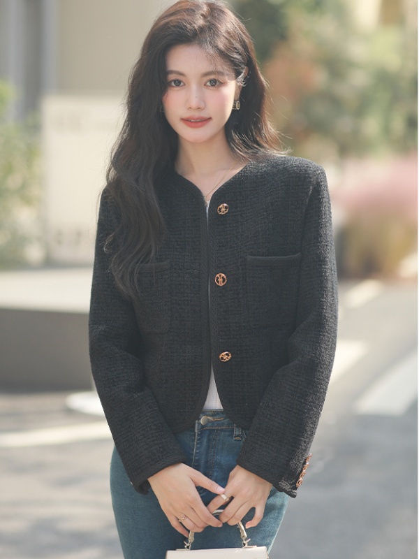 Autumn and winter short woolen coat round neck tops for women