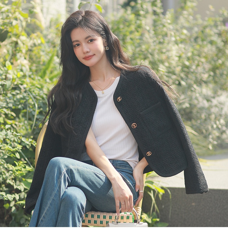 Autumn and winter short woolen coat round neck tops for women