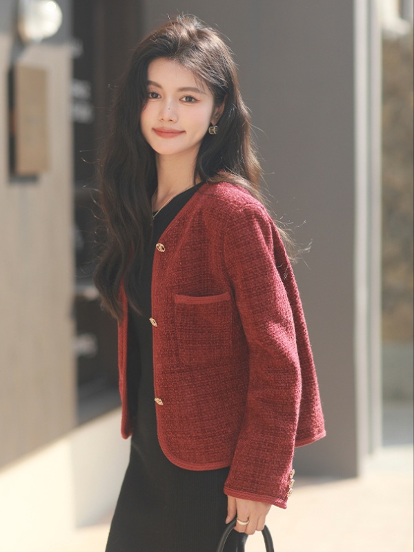 Autumn and winter short woolen coat round neck tops for women