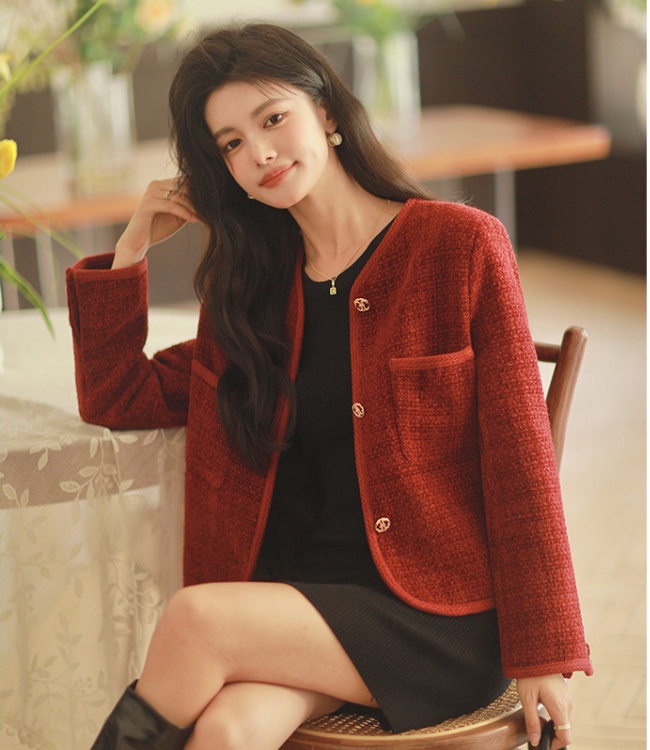 Autumn and winter short woolen coat round neck tops for women