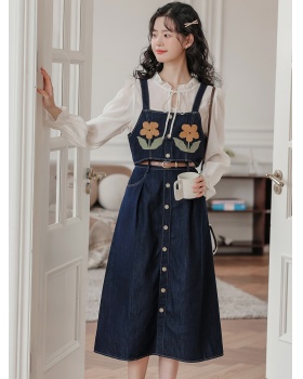 Long sleeve retro skirt embroidery denim waistcoat 3pcs set