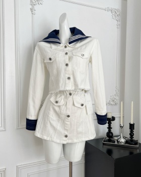 Navy style autumn coat buckle cotton short skirt a set