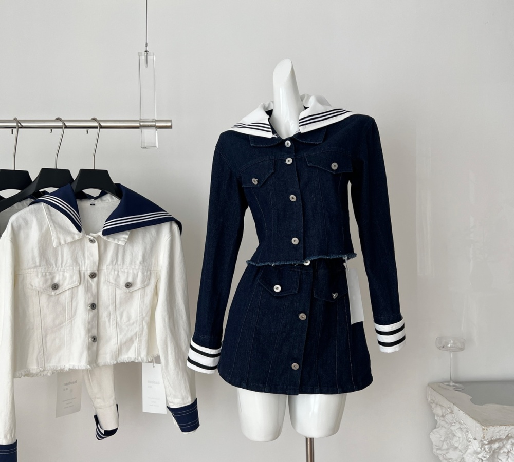 Navy style autumn coat buckle cotton short skirt a set