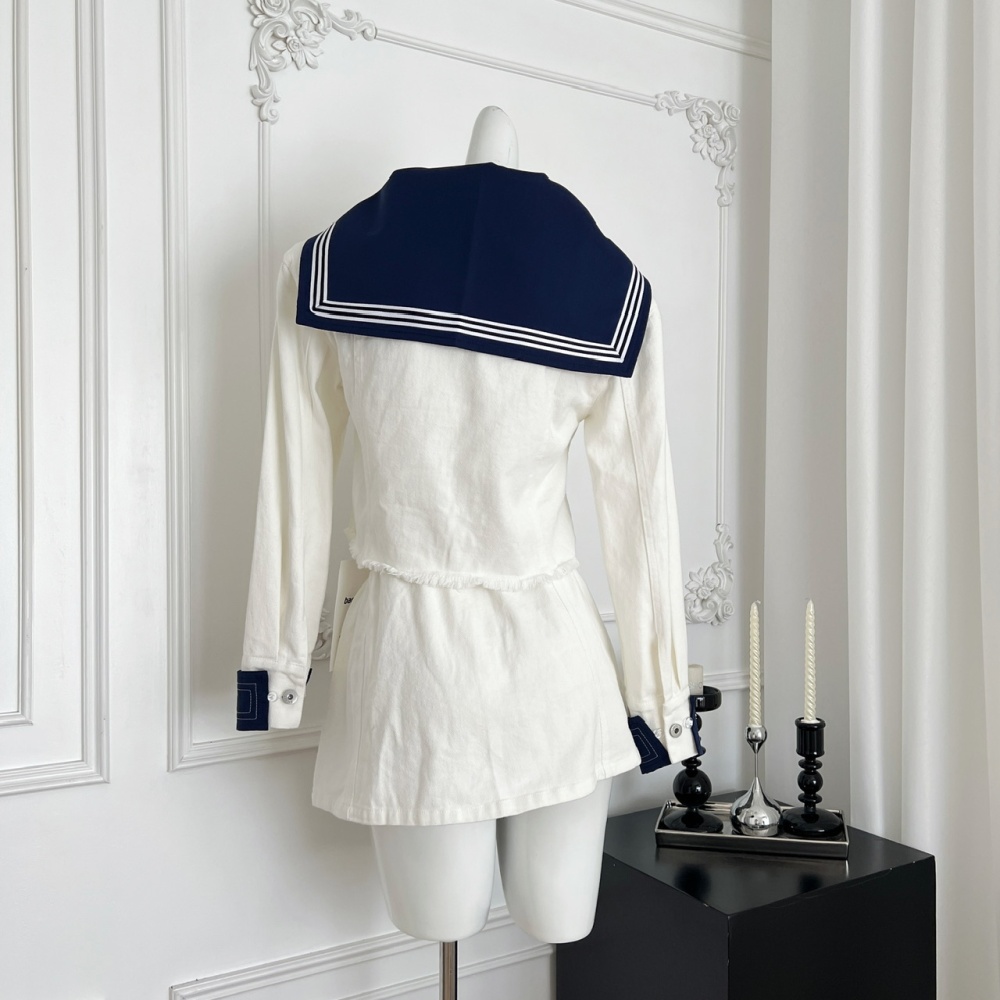 Navy style autumn coat buckle cotton short skirt a set