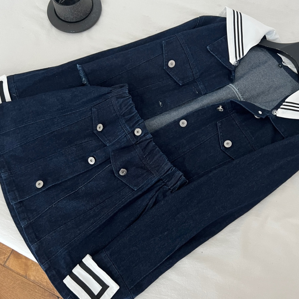 Navy style autumn coat buckle cotton short skirt a set