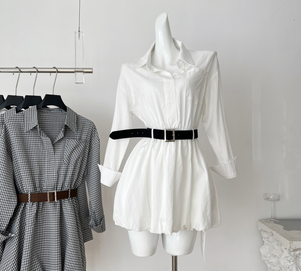 Waist long sleeve plaid shirt pinched waist lapel dress