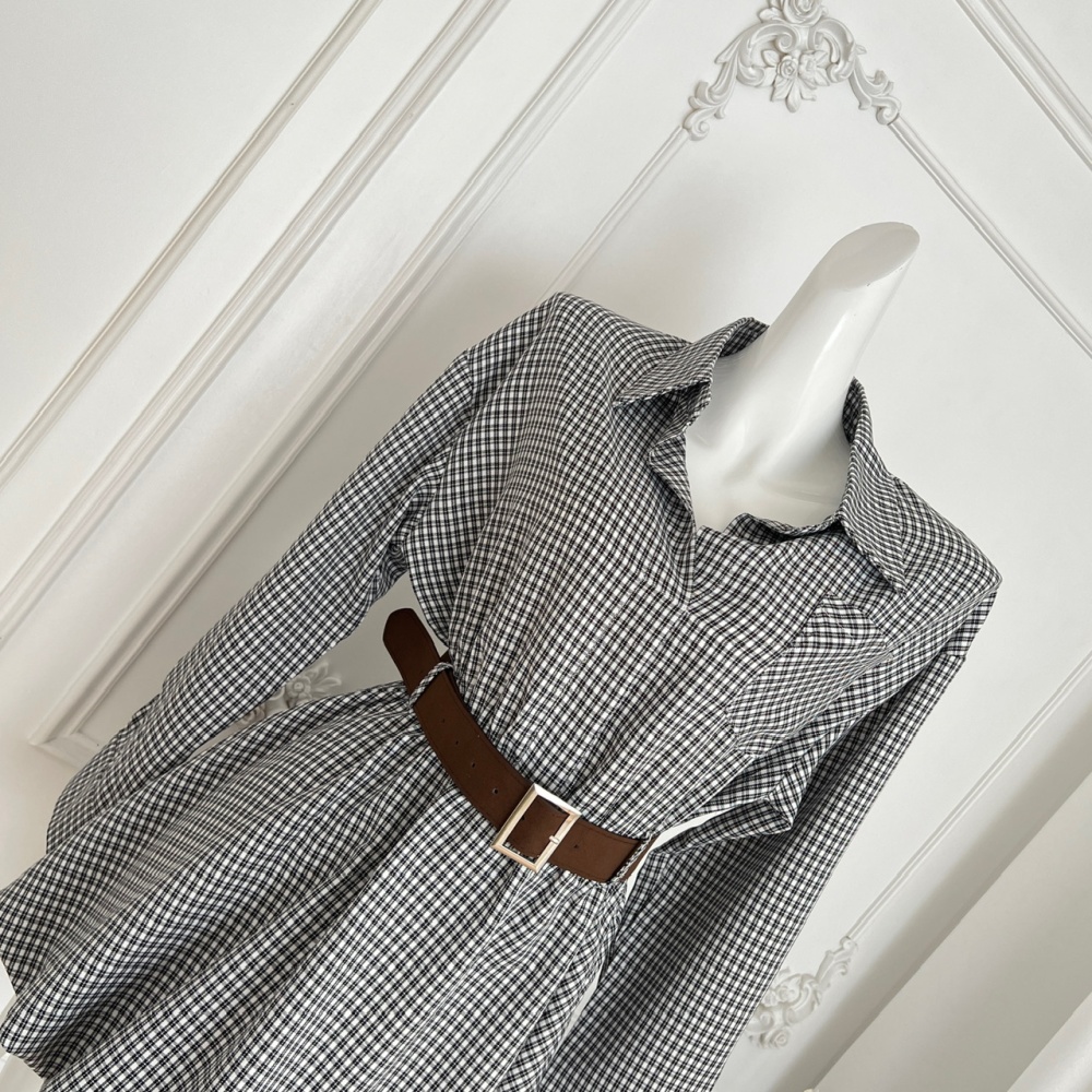 Waist long sleeve plaid shirt pinched waist lapel dress