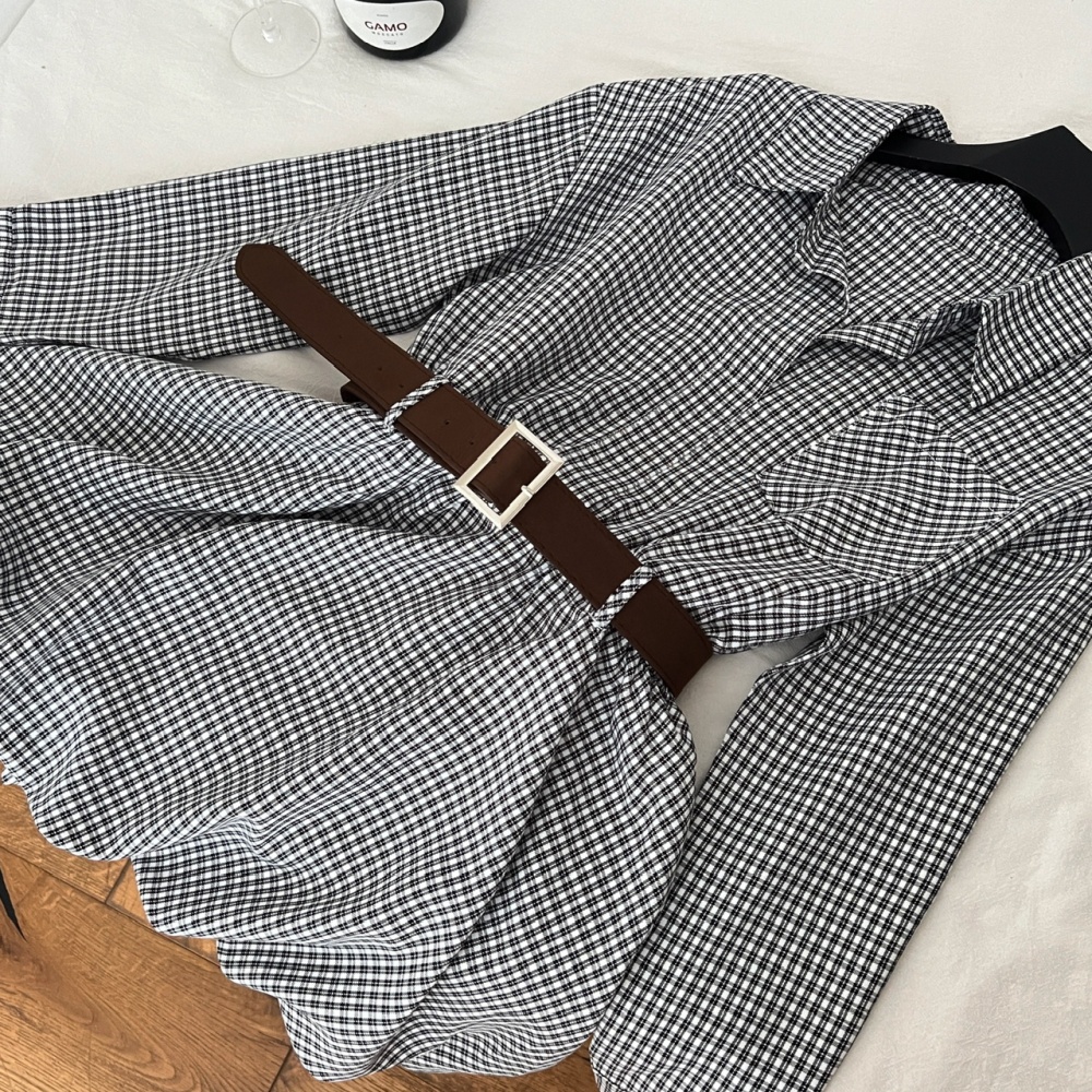 Waist long sleeve plaid shirt pinched waist lapel dress