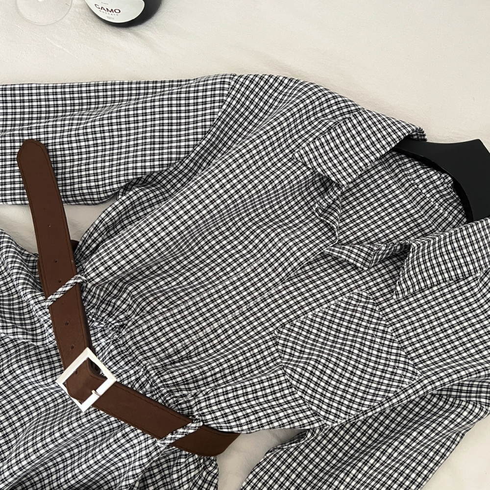 Waist long sleeve plaid shirt pinched waist lapel dress