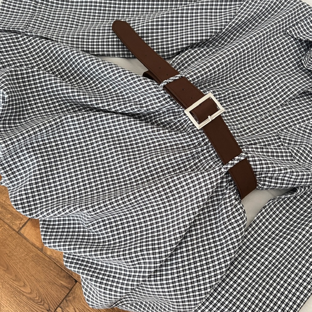 Waist long sleeve plaid shirt pinched waist lapel dress