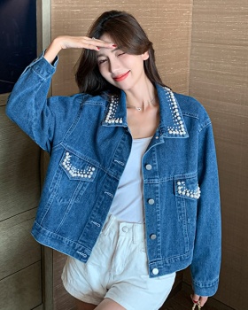 Retro denim spring and autumn jacket beading Korean style tops