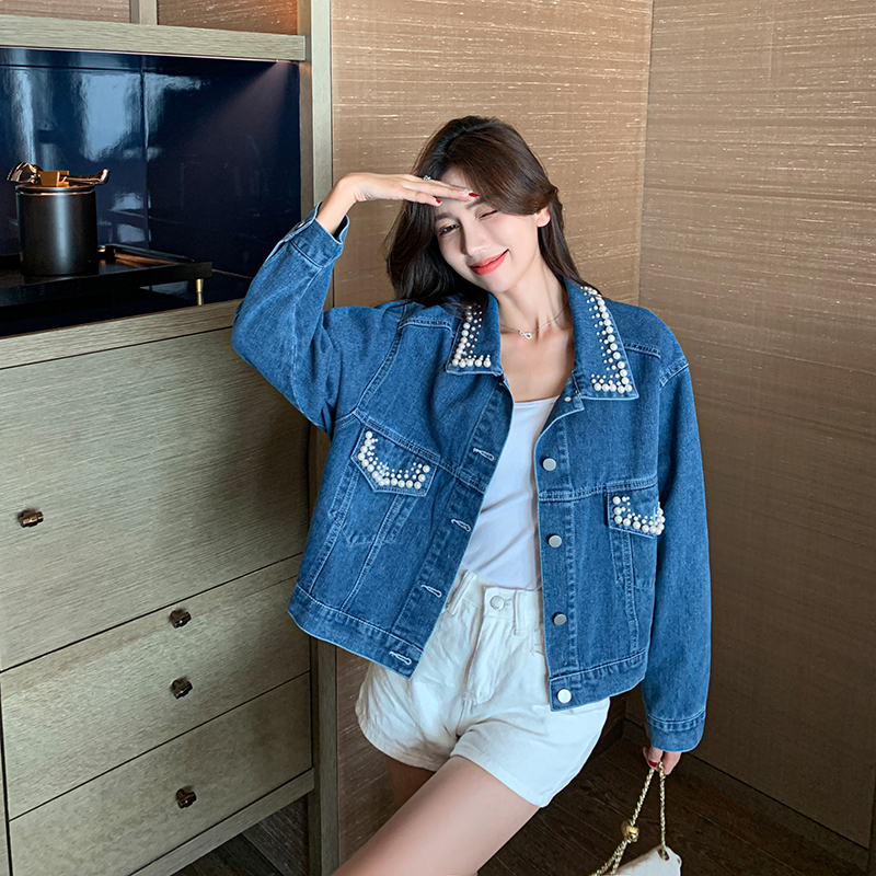 Retro denim spring and autumn jacket beading Korean style tops