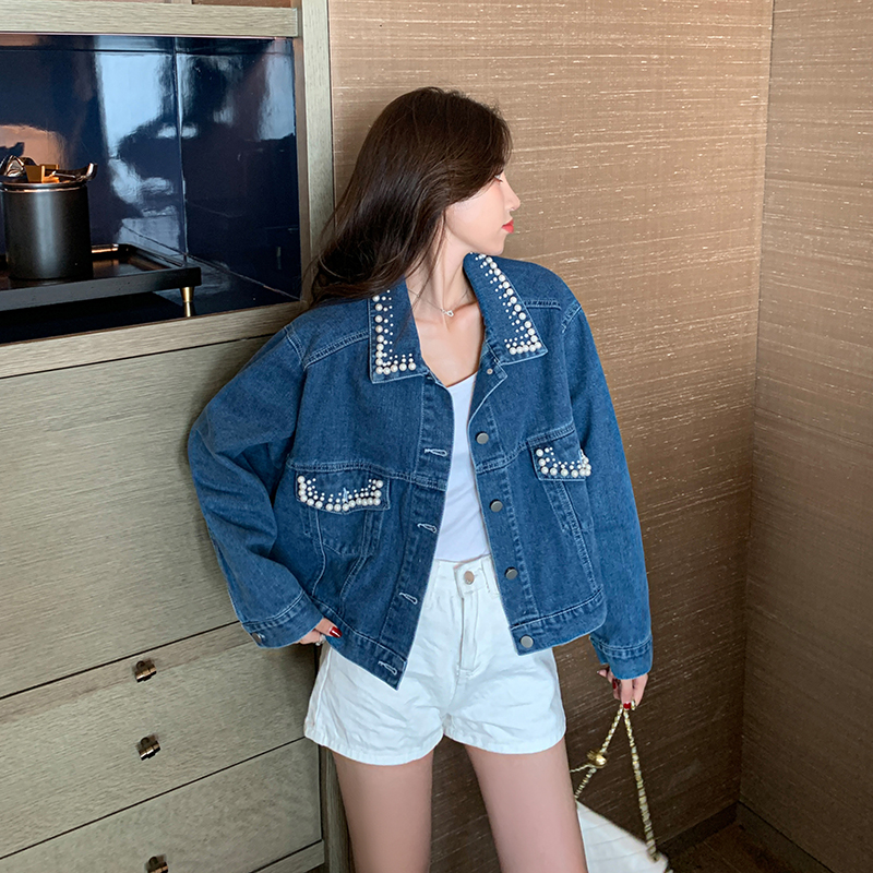 Retro denim spring and autumn jacket beading Korean style tops
