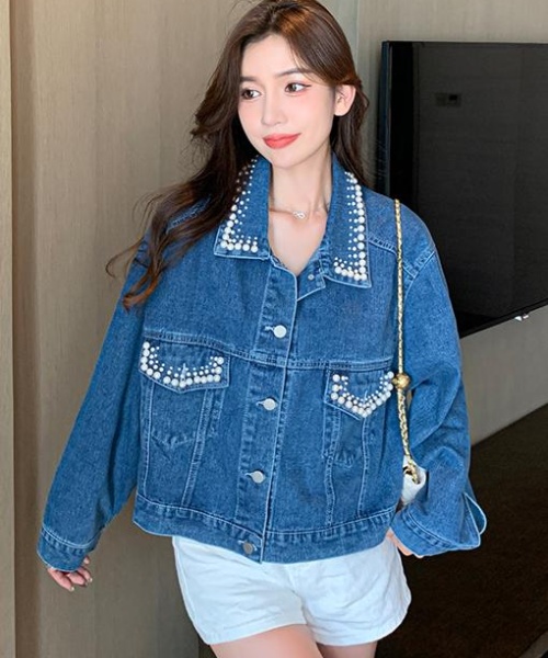 Retro denim spring and autumn jacket beading Korean style tops