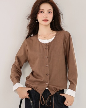 Autumn round neck tops long sleeve drawstring shirt