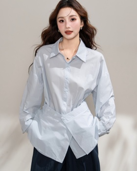 Loose simple shirt pinched waist tops 2pcs set for women