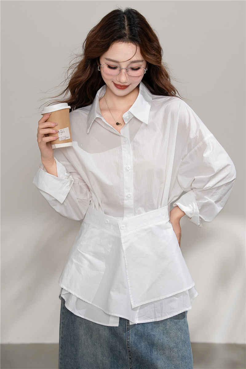Loose simple shirt pinched waist tops 2pcs set for women