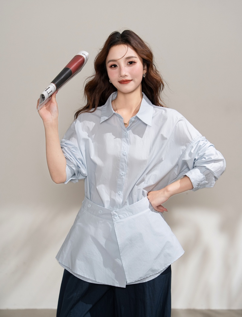 Loose simple shirt pinched waist tops 2pcs set for women