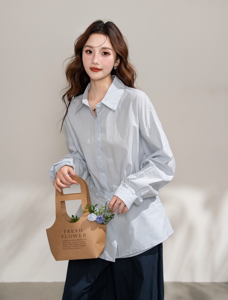 Loose simple shirt pinched waist tops 2pcs set for women