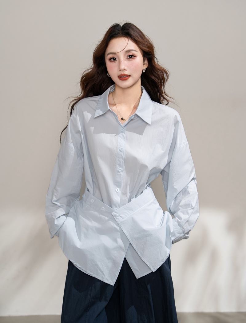 Loose simple shirt pinched waist tops 2pcs set for women