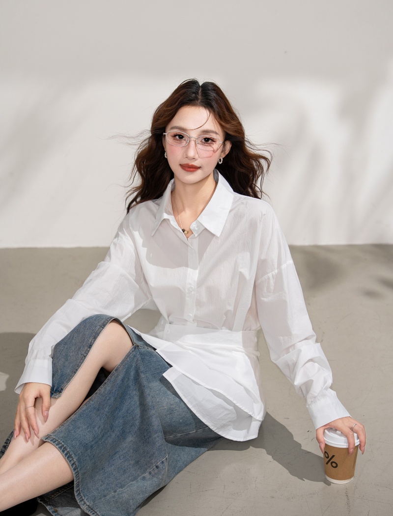 Loose simple shirt pinched waist tops 2pcs set for women