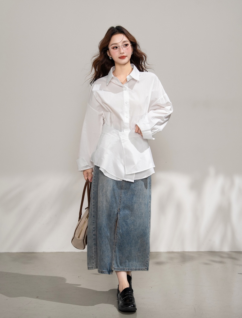 Loose simple shirt pinched waist tops 2pcs set for women