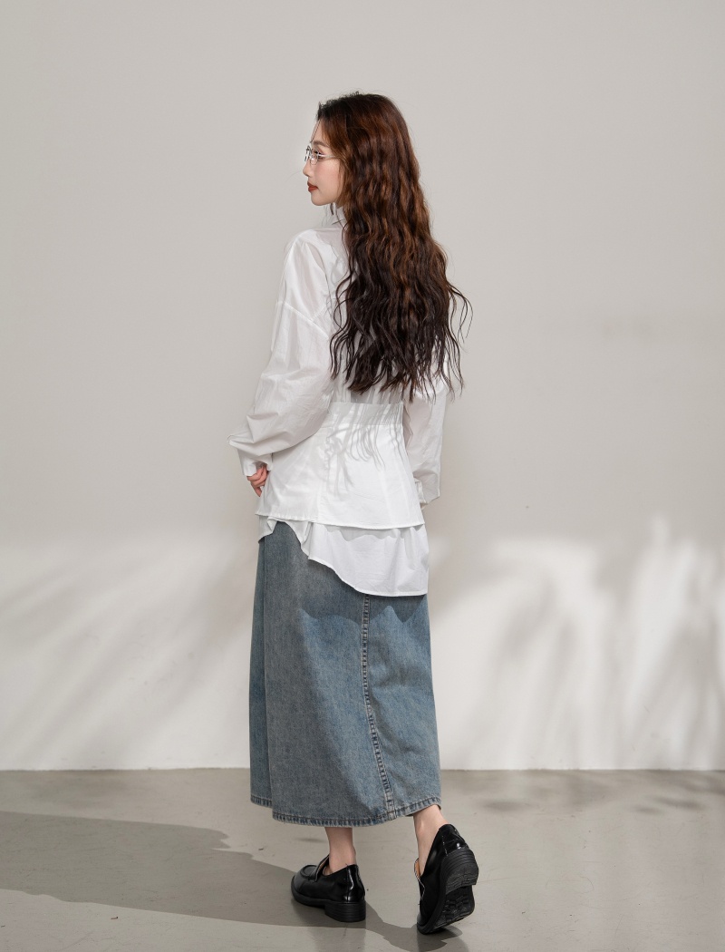 Loose simple shirt pinched waist tops 2pcs set for women