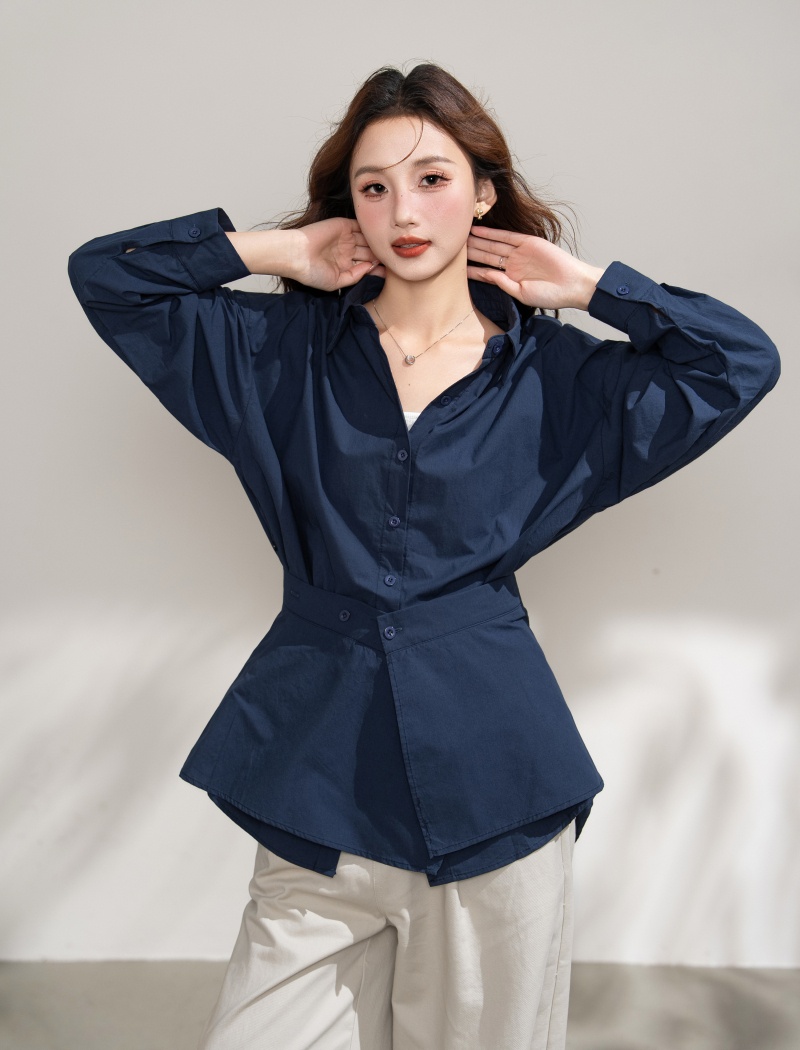 Loose simple shirt pinched waist tops 2pcs set for women