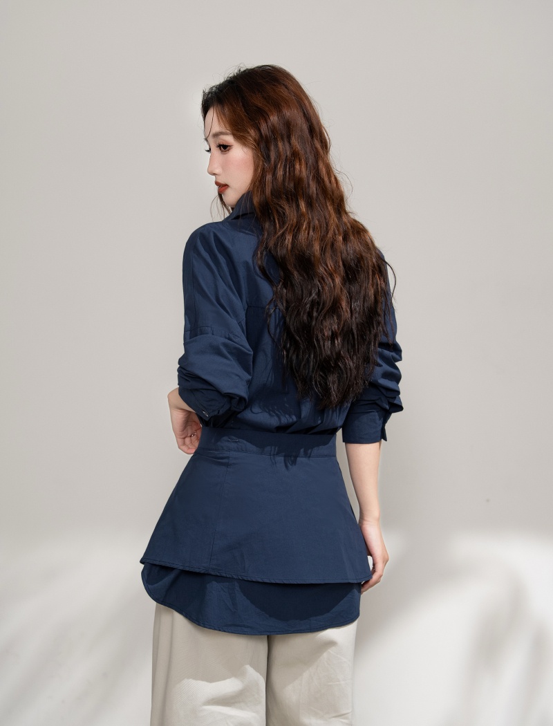 Loose simple shirt pinched waist tops 2pcs set for women