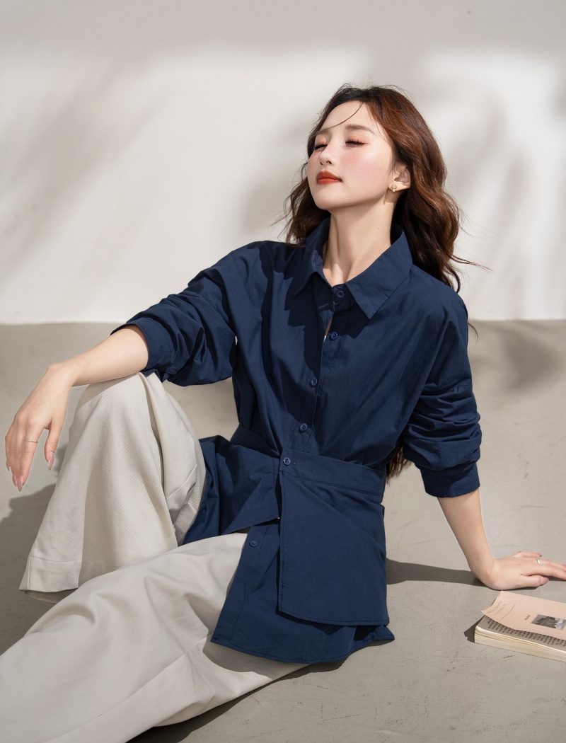 Loose simple shirt pinched waist tops 2pcs set for women